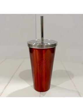 Starbucks 2014 Red Stainless Steel Tumbler 16 oz Grande w/ Metal Straw & Lid
